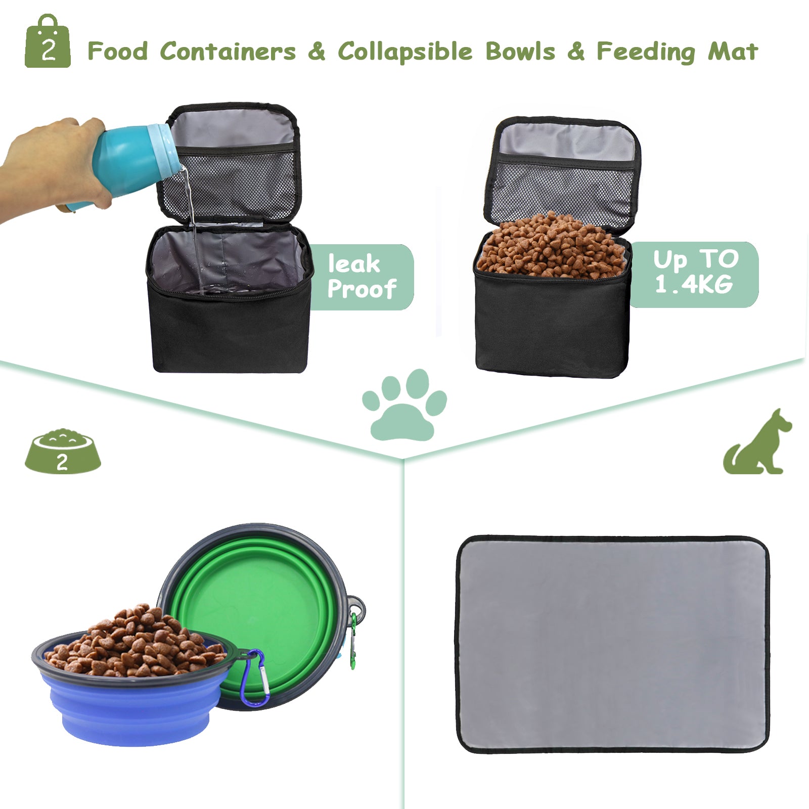 WOLT Dog Travel Bag Dog Bag for Traveling and Supplies with 2 Collapsible Bowls, 2 Food Containers, 1 Place Mat