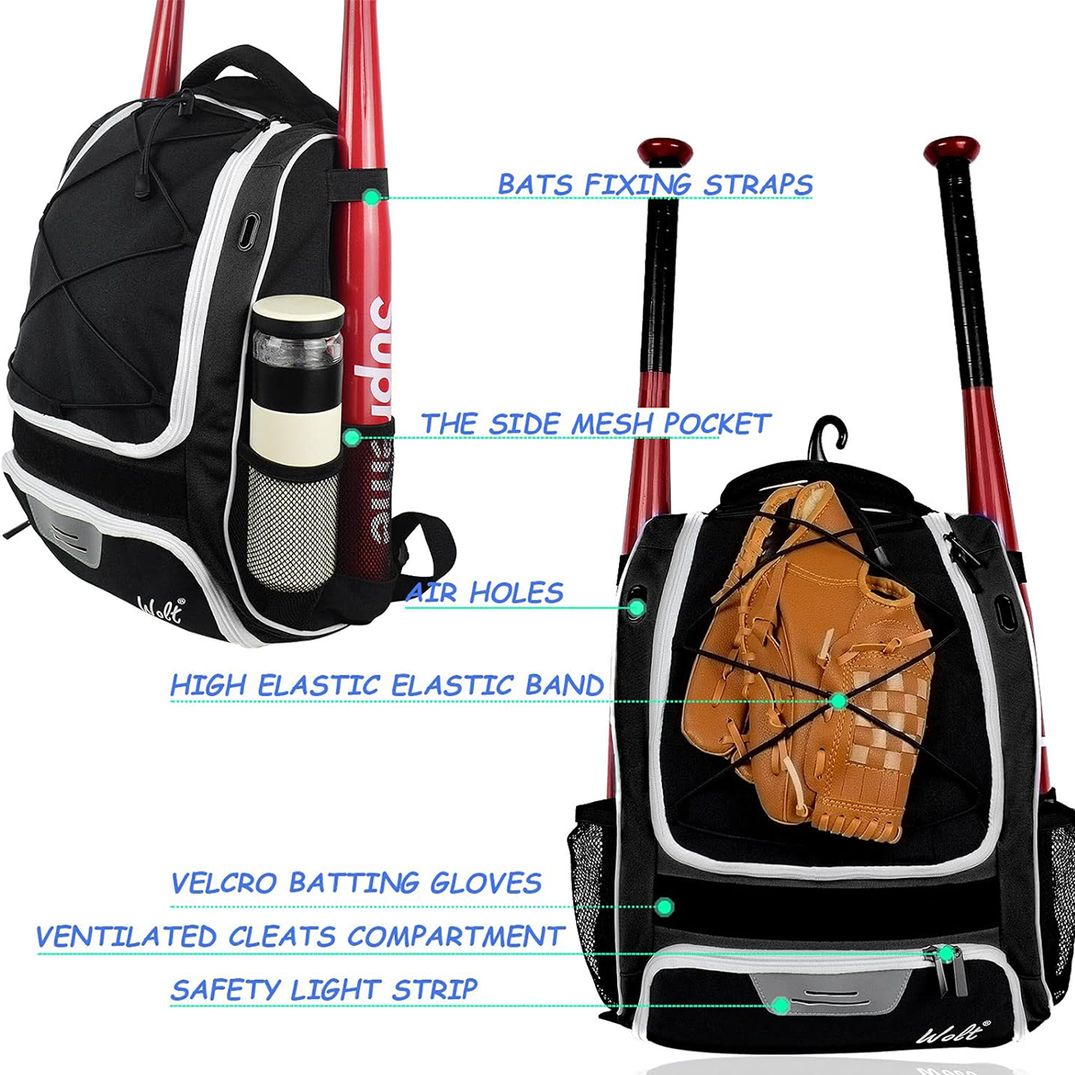 WOLT Youth Baseball Bag - Bat Backpack for Baseball, T-Ball & Softball Equipment & Gear, Bat & Glove Holder, Large Main Compartment for Helmet & accessories, Separate Shoes Compartment, Fence Hook
