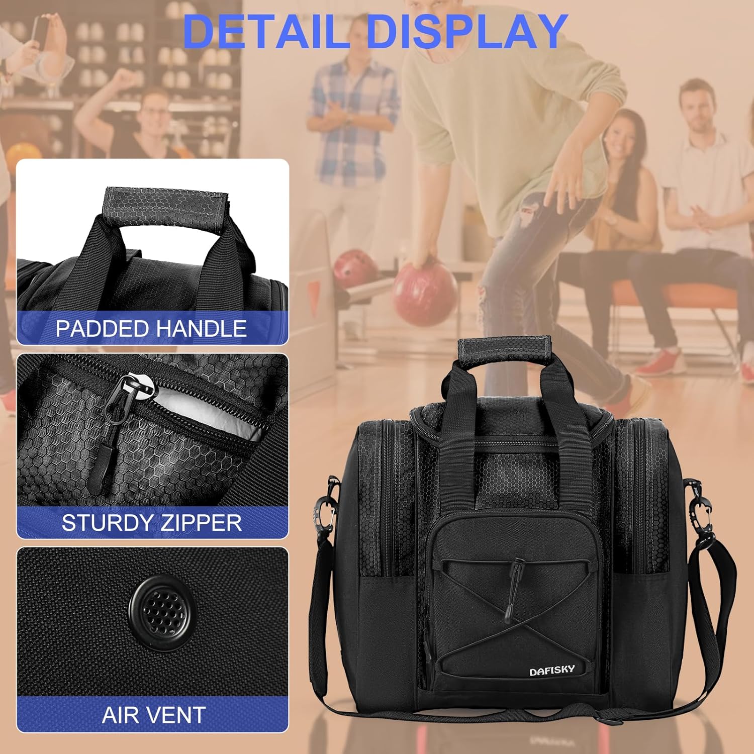 DAFISKY Bowling Ball Bag for Single Ball - Bowling Bag Tote for 1 Ball and Shoes with Padded Holder, 2 Pockets Fits Men & Women bowling Shoes Up To Mens Size 14