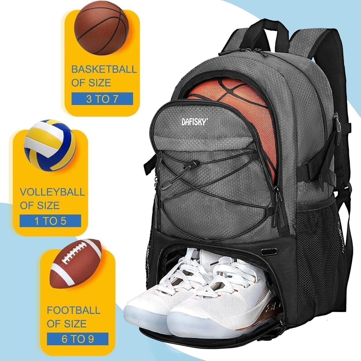 DAFISKY Basketball Backpack, Basketball Bag with Ball Holder Shoes Compartment, Sports Equipment Bag for Soccer Ball, Volleyball