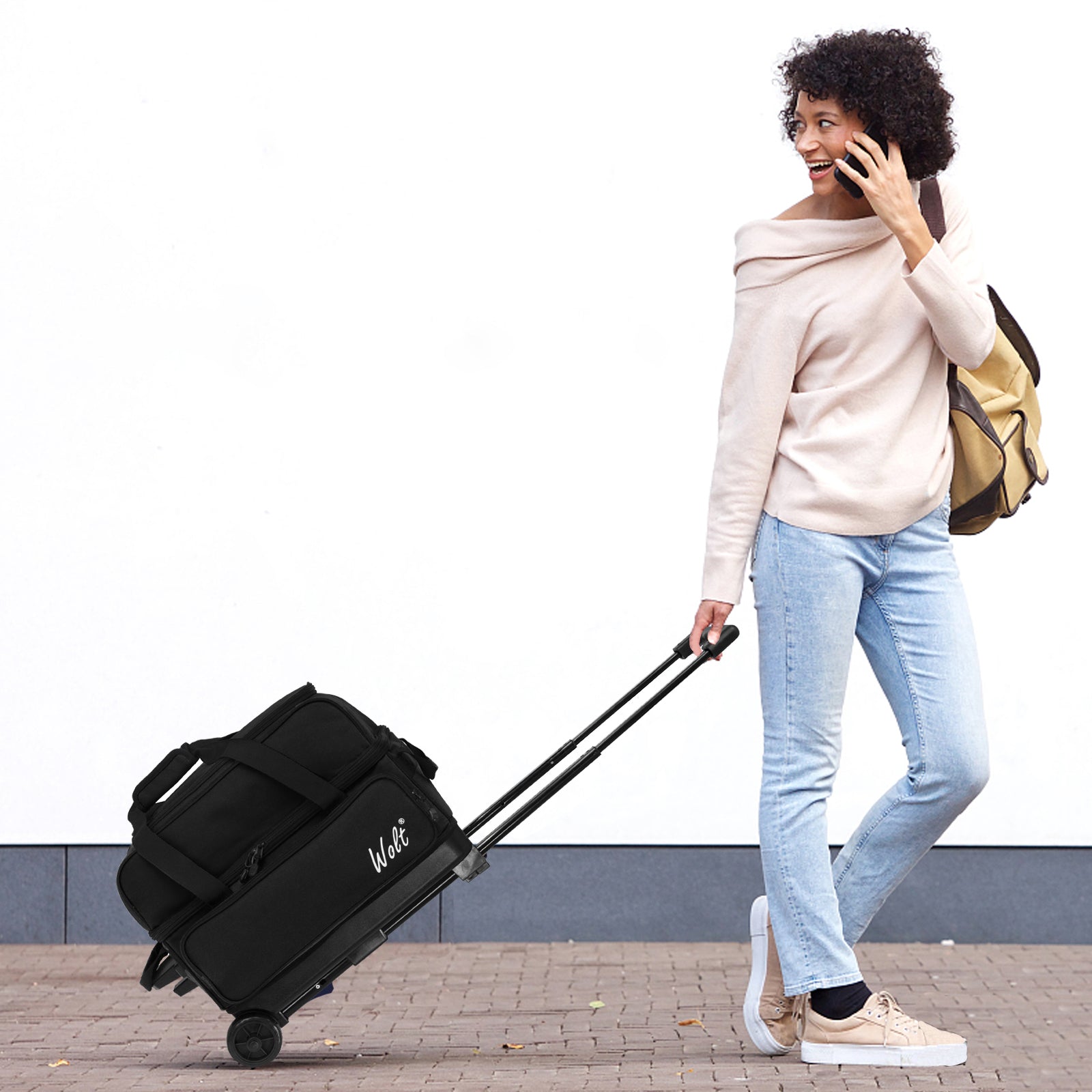 WOLT Double Roller 2 Ball Bowling Bag with Separate Shoe Compartment, Large Capacity Bowling Ball Bag with Accessory Pocket, Retractable Handle Extends to 40"