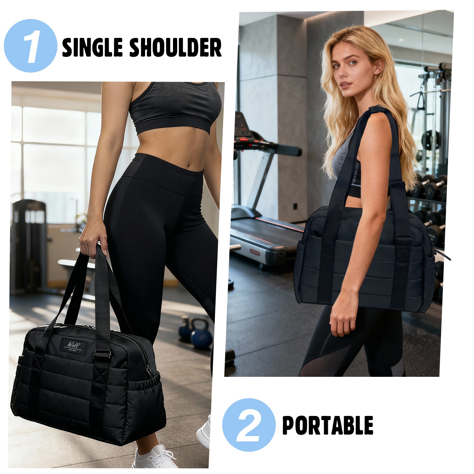 Wolt Travel Puffer Tote Bag for Women,Small Gym Duffle Bag with Wet Pocket,Upgrade Zipper Puffy Lightweight Soft Durable Splash-proof Carry On Handbag for Teacher Nurse Weekender Overnight 14 in