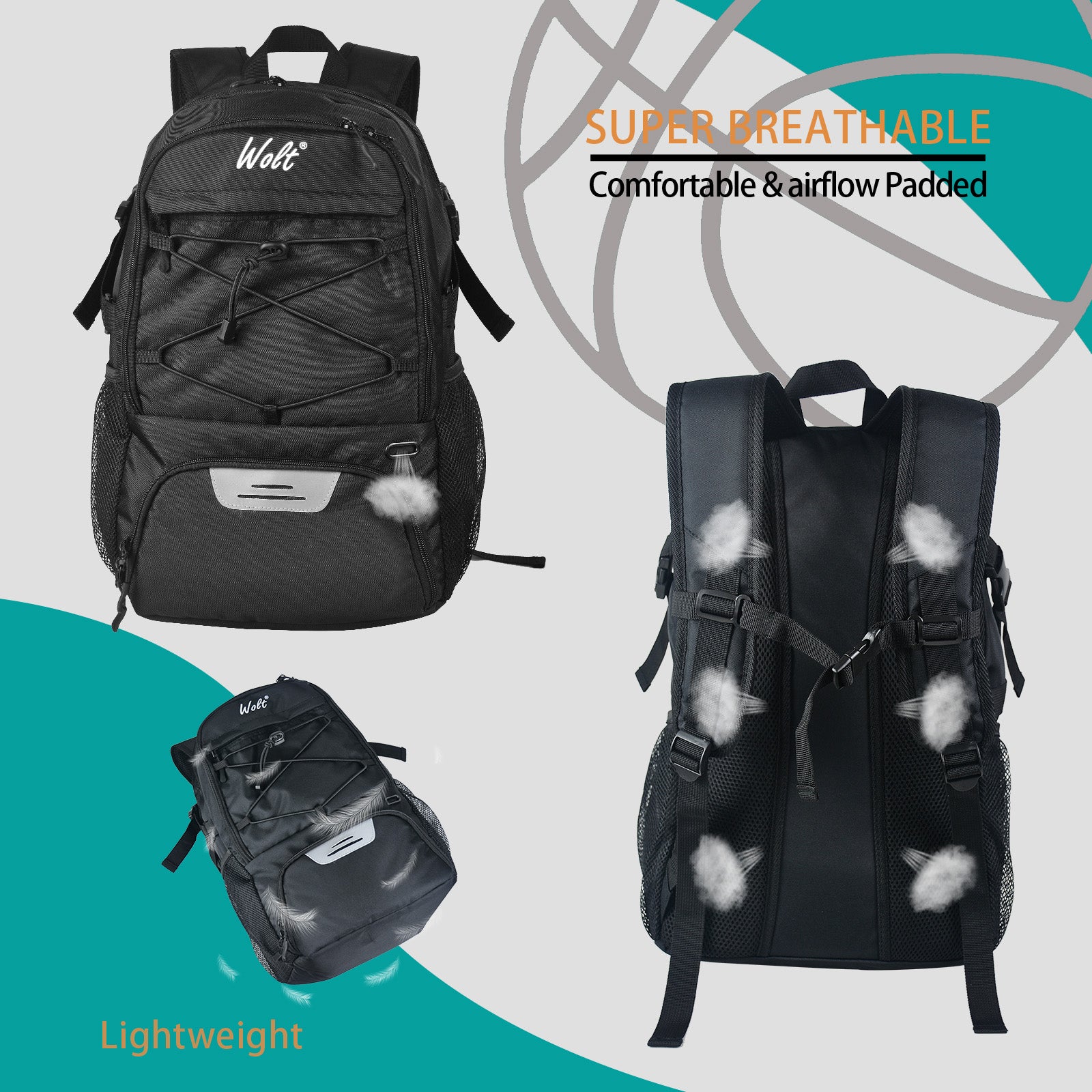 WOLT Basketball Backpack Large Sports Bag with Separate Ball Holder & Shoes Compartment, Best for Basketball, Soccer,Gym