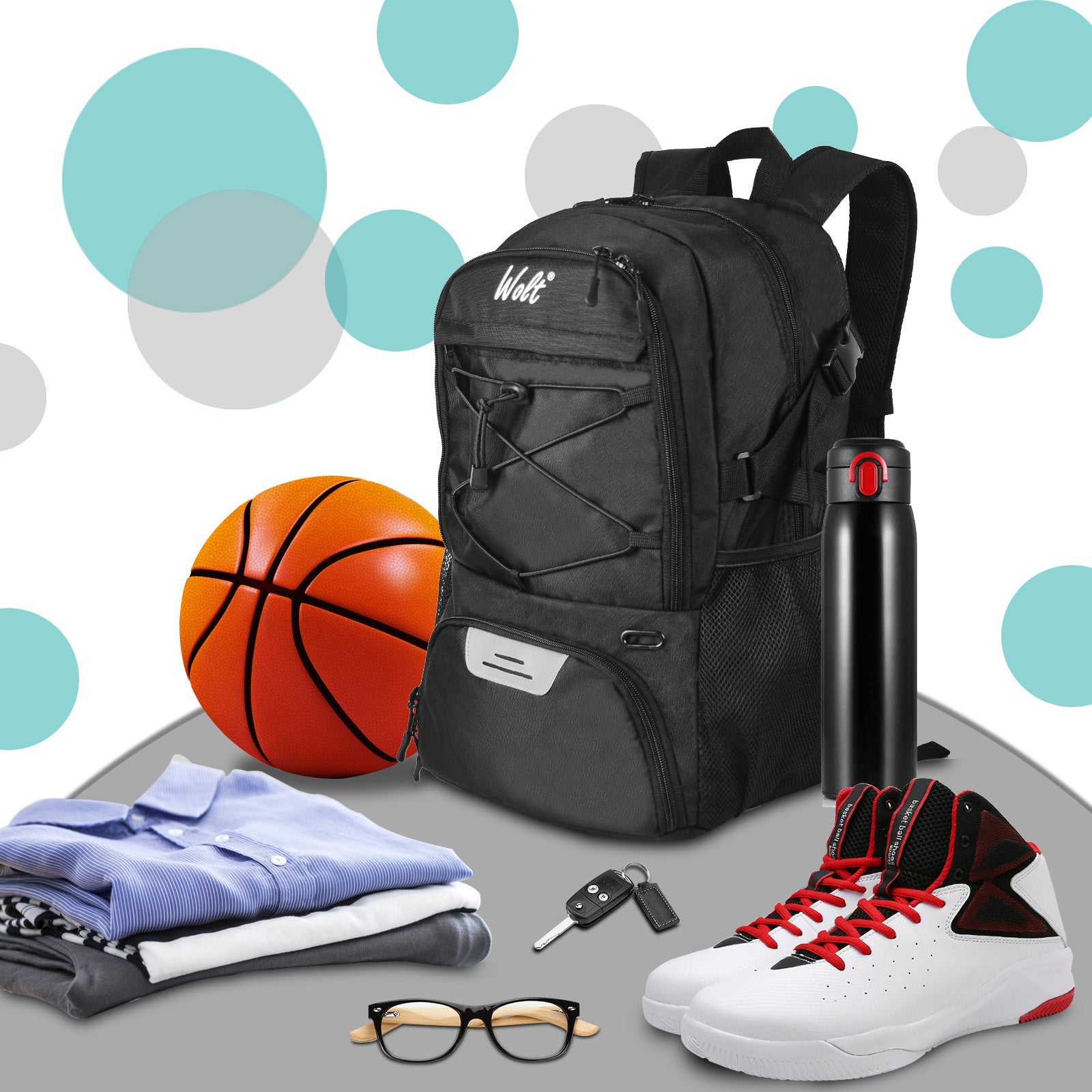 WOLT Basketball Backpack Large Sports Bag with Separate Ball Holder & Shoes Compartment, Best for Basketball, Soccer,Gym