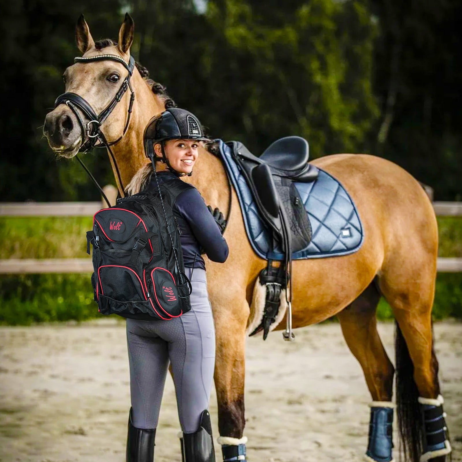WOLT Professional Equestrian Backpack for Horse Riding, Equipment Pack Bag with Helmet Holder and Multiple Compartments