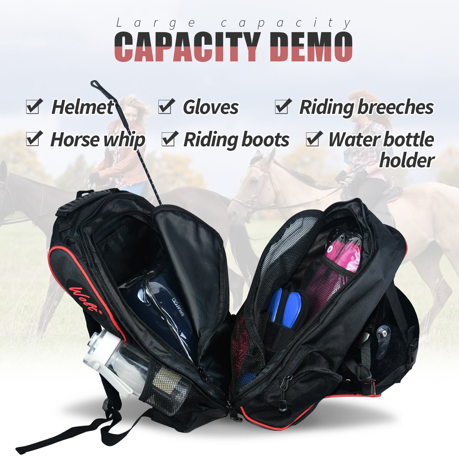 WOLT Professional Equestrian Backpack for Horse Riding, Equipment Pack Bag with Helmet Holder and Multiple Compartments