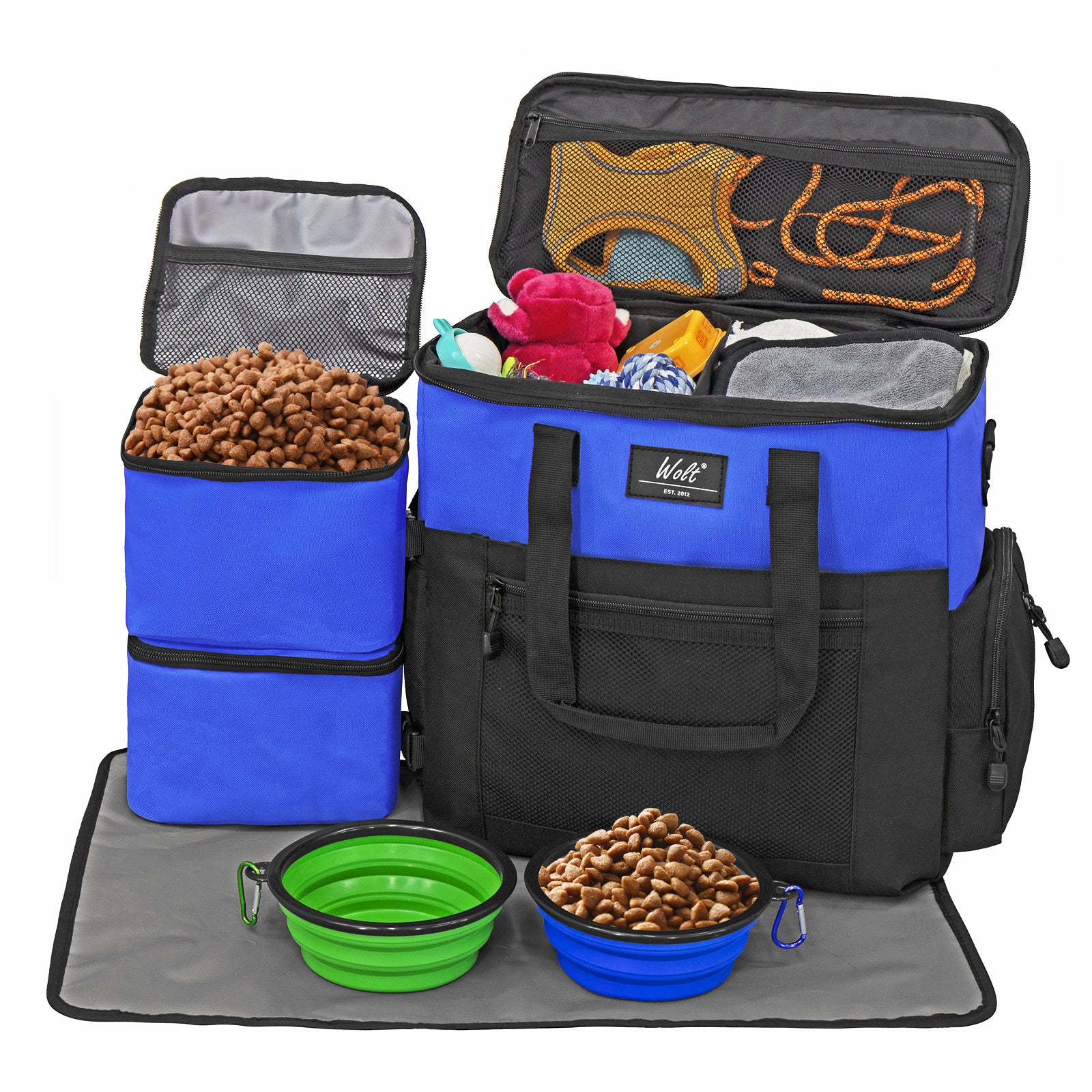 WOLT Dog Travel Bag Dog Bag for Traveling and Supplies with 2 Collapsible Bowls, 2 Food Containers, 1 Place Mat