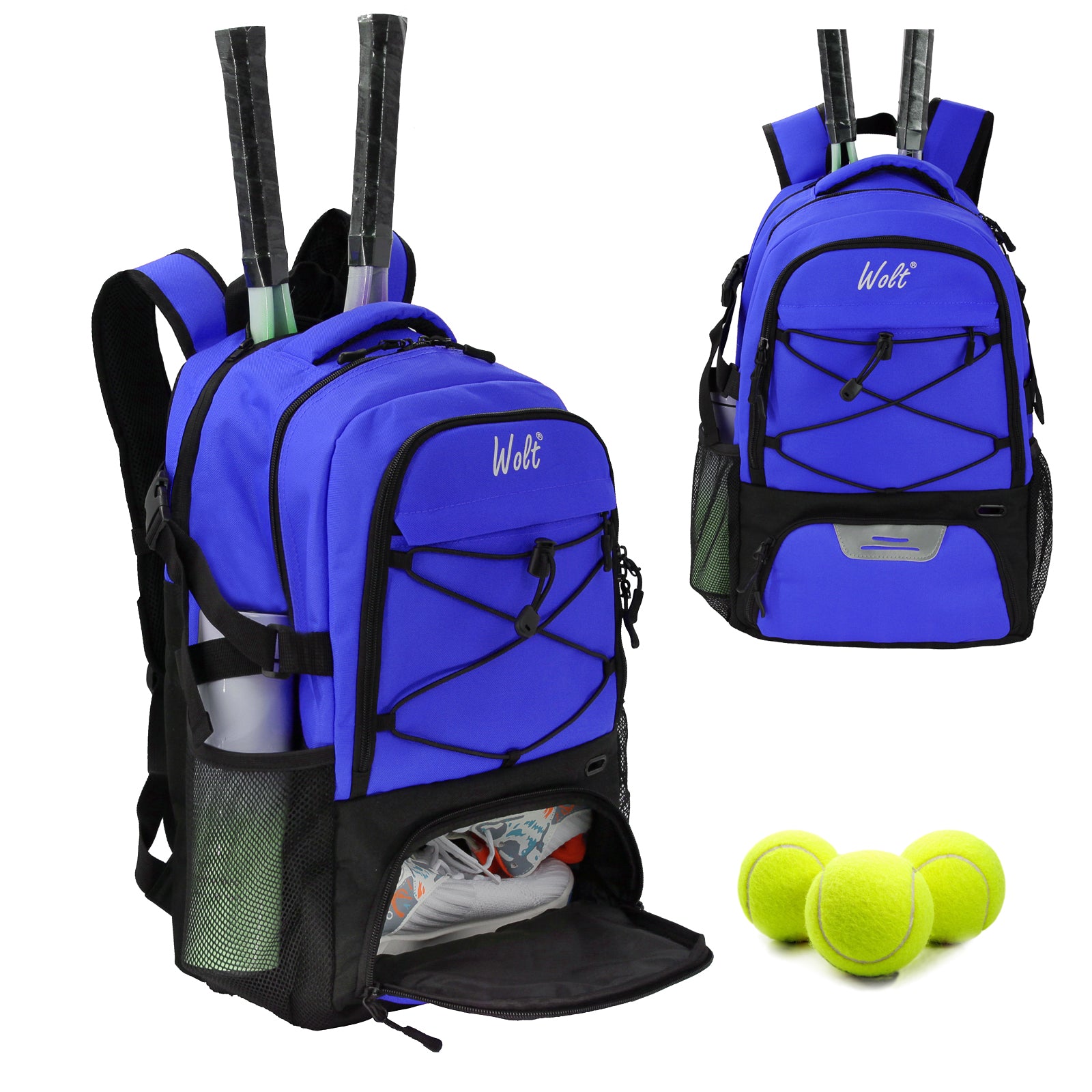WOLT Tennis Bag - Large Tennis Racket Backpack for Men & Women - Ventilated Shoe Compartment - Holds 2 Rackets