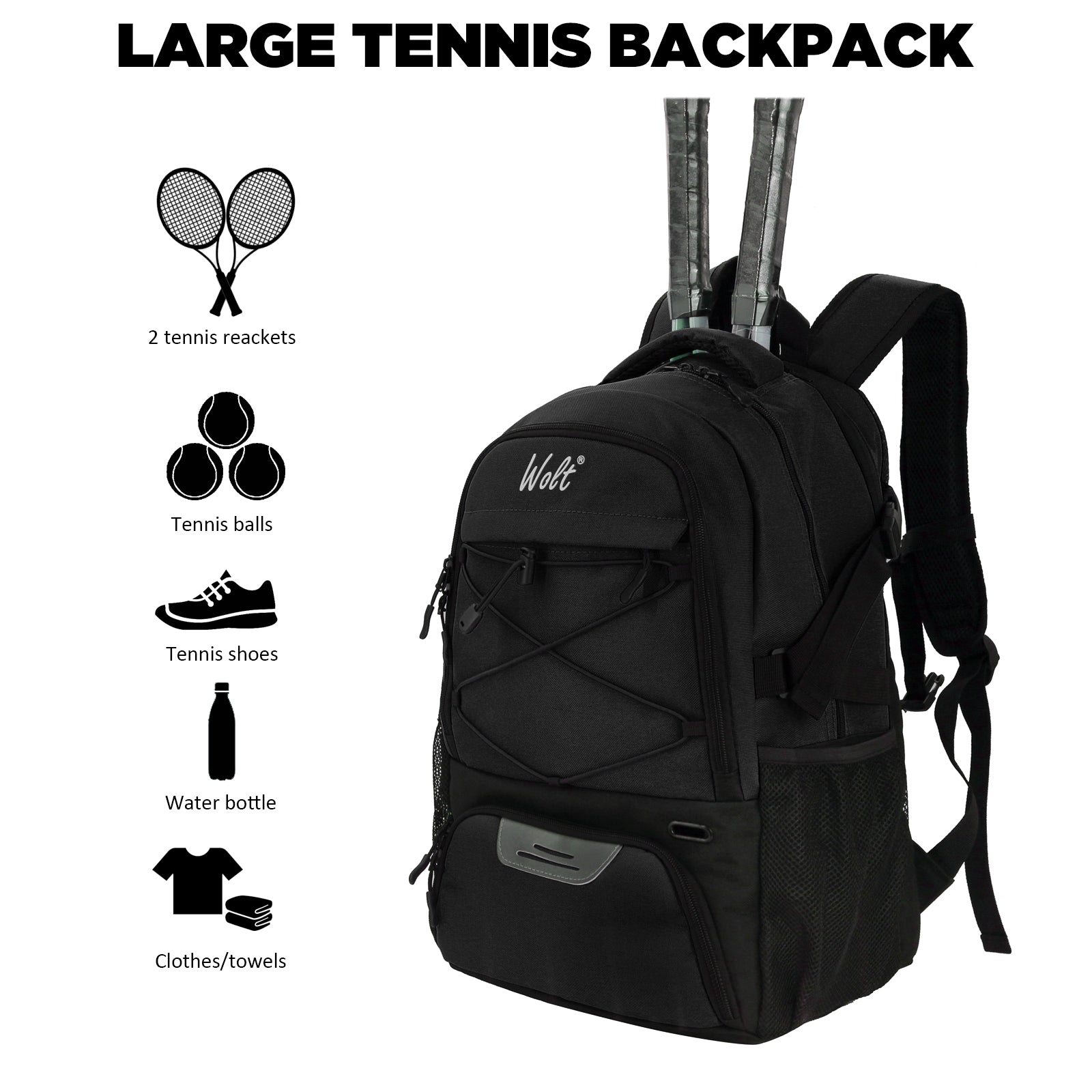 WOLT Tennis Bag - Large Tennis Racket Backpack for Men & Women - Ventilated Shoe Compartment - Holds 2 Rackets