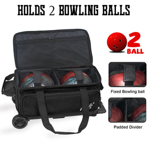 WOLT Double Roller 2 Ball Bowling Bag with Separate Shoe Compartment, Large Capacity Bowling Ball Bag with Accessory Pocket, Retractable Handle Extends to 40
