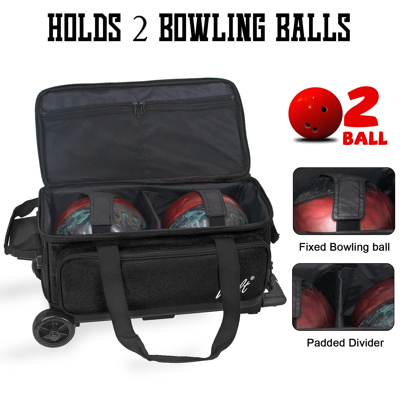 WOLT Double Roller 2 Ball Bowling Bag with Separate Shoe Compartment, Large Capacity Bowling Ball Bag with Accessory Pocket, Retractable Handle Extends to 40"