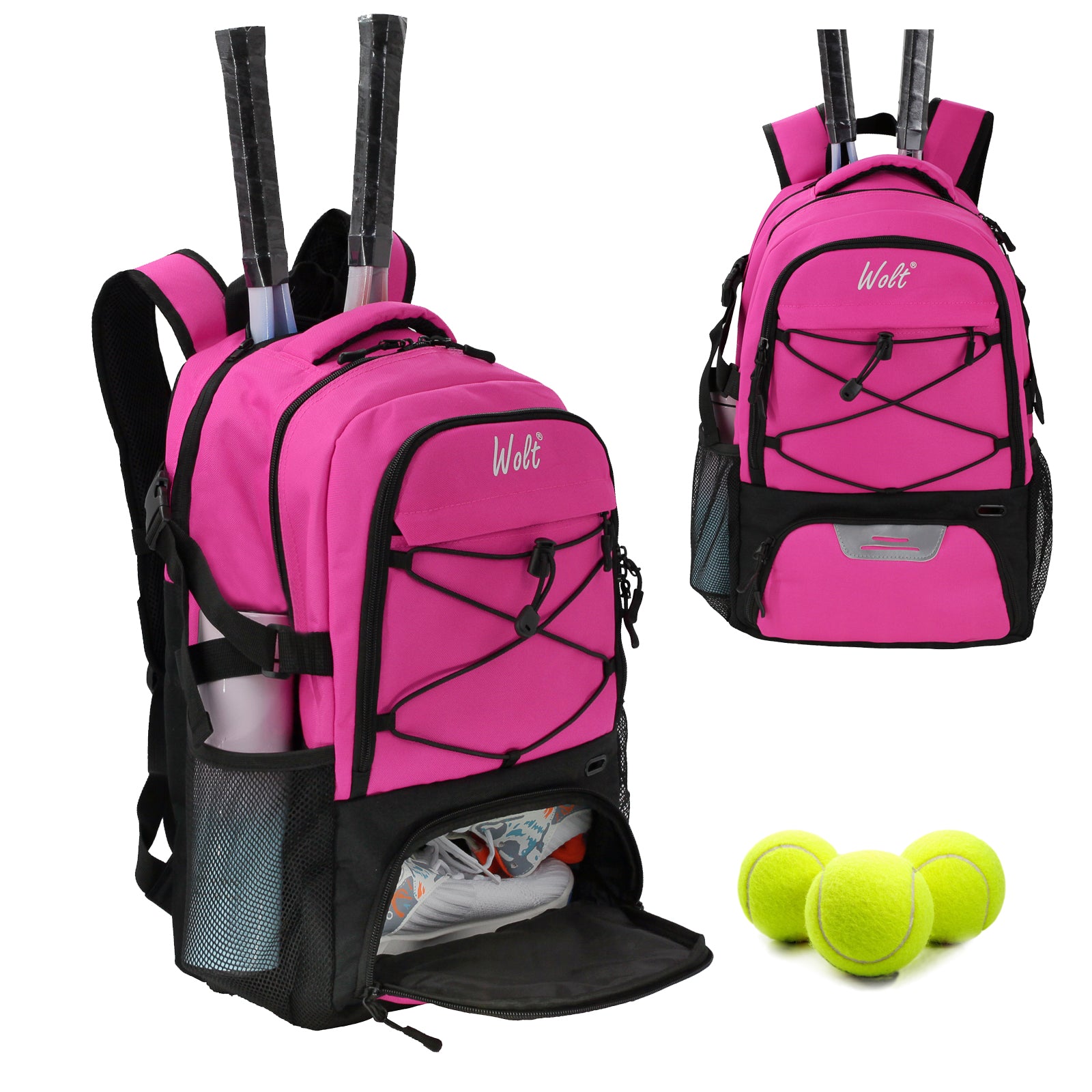 WOLT Tennis Bag - Large Tennis Racket Backpack for Men & Women - Ventilated Shoe Compartment - Holds 2 Rackets