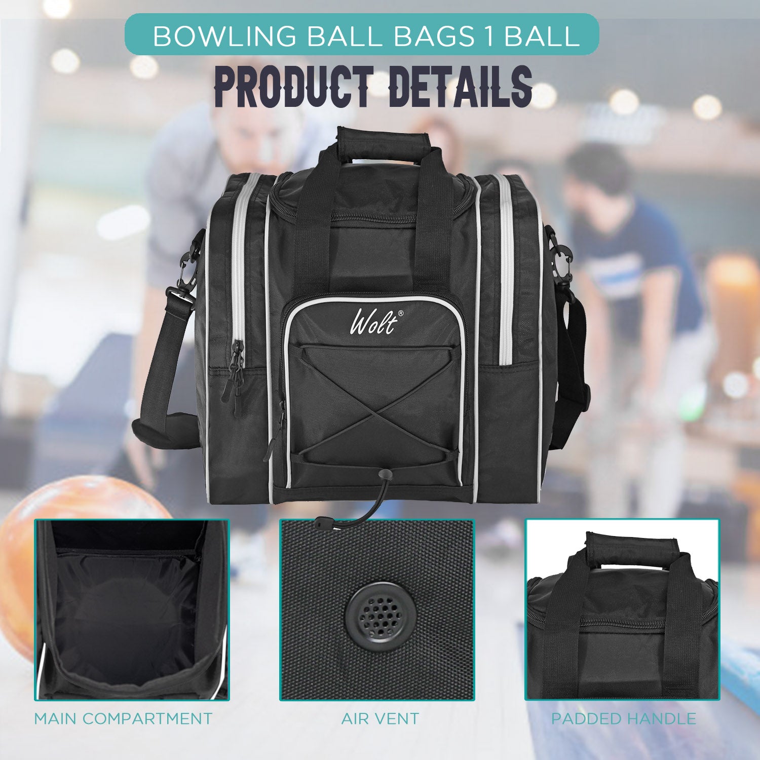 WOLT Bowling Ball Bag for Single Ball - Bowling Ball Tote Bag with Padded Ball Holder, 2 Pockets fit Bowling Shoes Up to Mens Size 14 and Accessories