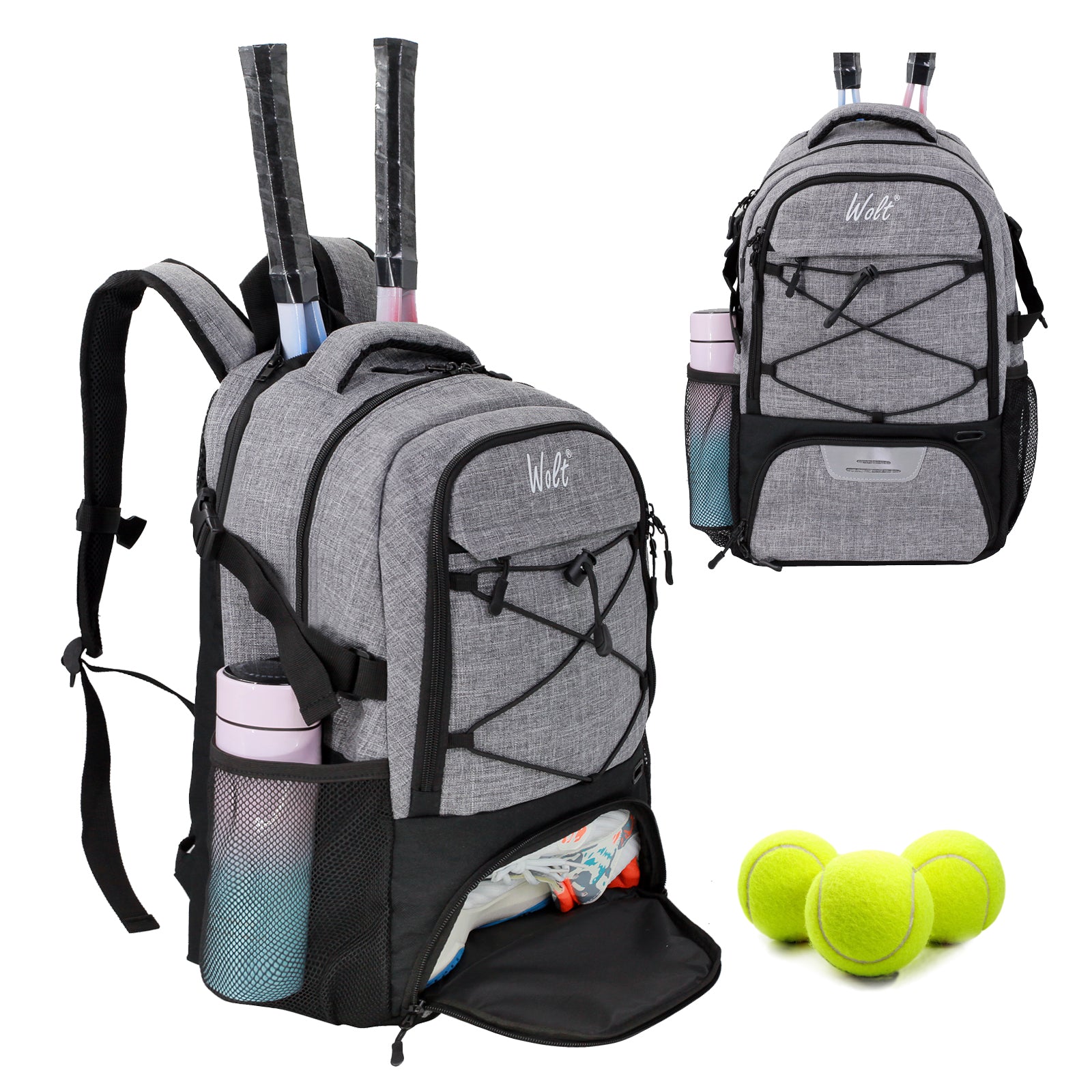 WOLT Tennis Bag - Large Tennis Racket Backpack for Men & Women - Ventilated Shoe Compartment - Holds 2 Rackets