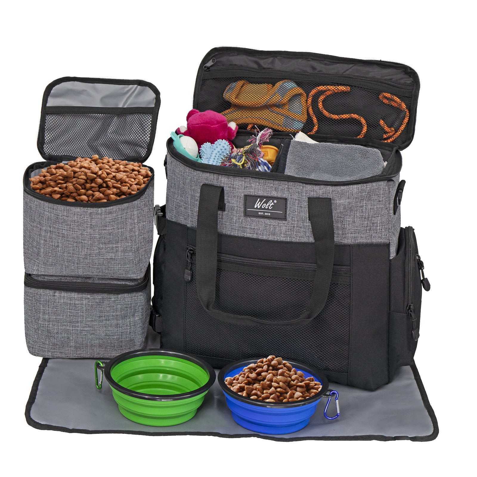 WOLT Dog Travel Bag Dog Bag for Traveling and Supplies with 2 Collapsible Bowls, 2 Food Containers, 1 Place Mat